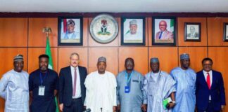 The Hon. Minister of Budget and Economic Planning, Senator Abubakar Atiku Bagudu(c) flanked to the left by the Country Director, GIZ, Makus Wagner and other Stakeholders, during the meeting on the development of National Hydrogen Policy, today, in Abuja.
