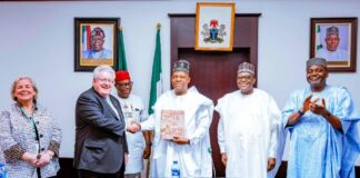 Vice President Kashim Shettima (middle) in a handshake with Chair of Trustees of Rotary Foundation of Rotary International, Mark Daniel Maloney; and Chairman of the Sir Emeka Offor Foundation (SEOF), Emeka Offor; Coordinating Minister of Health and Social Welfare, Prof Muhammad Ali Pate(2nd from left); Deputy Chief of Staff to the President (Office of the Vice President), Sen. Ibrahim Hassan Hadejia (far left) and wife of Chair of Trustees of Rotary Foundation of Rotary International, Gay Maloney (far right) during a courtesy visit to the Vice President at the Presidential Villa, Abuja, on Friday, 17/01/2025.