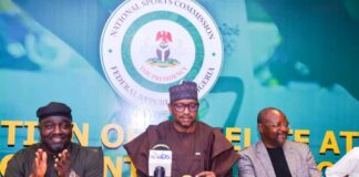 The Chairman, National Sports Commission, Mallam Shehu Dikko flanked to his right by the Director General, Hon. Bukola Olopade and to his left by Special Assistant to the President on media and communication, Sunday Dare, during the inauguration of Elite Athletes Development and Podium Board at the media centre, MKO Abiola Stadium, Abuja on Friday, 31st January 2025.