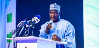 The Hon Minister of State for Agriculture and Food Security, Sen.Dr Aliyu Sabi Abdullahi, during the presentation of 2025 Seasonal Climate Prediction in Abuja.