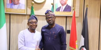 L-R: Dr. Adebowale Adedokun MCIPS, ACF, Director General, BPP in a warm shake with Dr. Olubunmi Tunji-Ojo, Honourable Minister of Interior