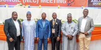 In Royal BlueSuites: Dr. Iziaq Adekunle Salako, Honourable Minister of State for Health & Social Welfare (FMoHSW): on his Left, Dr. Zenith Tope Osundara President NARD; 2nd Right: Dr. Salaudeen Jimoh mni Director Hospital Services Department (FMoHSW).