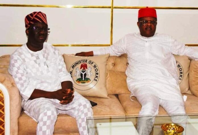 Umahi and Okpebholo Honourable Minister of Works, His Excellency, Engr. (Sen.) David Umahi, CON, FNSE, FNATE and Edo State Governor, His Excellency, Sen. Monday Okpebholo
