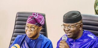 The Honourable Minister of Water Resources and Sanitation, Engr. Prof. Joseph Terlumun Utsev (R), hosted the Honourable Minister of Marine and Blue Economy, His Excellency Adegboyega Oyetola, CON (L), during a meeting at the Conference Room of the Ministry of Water Resources and Sanitation today in Abuja.