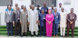Director-General, Bureau of Public Procurement, BPP, Dr. Adebowale A. Adedokun, MCIPS, ACFE, 5th right, Engr. Muhammad Dauda Abubakar, DG, Gombe State Due Process Bureau, 4th left, and some Bureau Management during the visit to BPP in Abuja
