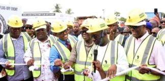1st left, the deputy governor of Delta State Monday Onyeme, 2nd left, the Hon. Minister of Works Engr. Nweze David Umahi, 3rd right, Senator Adams Oshiomhole, 2nd right, the governor of Edo State Monday Okpebholo, 1st right, the Hon Minister of Finance Wale Edun and others during the official flag-off of the 125KM of Benin-Asaba express way. Date: 23rd March, 2025.