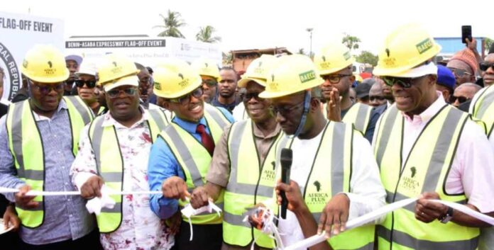 Benin-Asaba Dual Carriageway 1st left, the deputy governor of Delta State Monday Onyeme, 2nd left, the Hon. Minister of Works Engr. Nweze David Umahi, 3rd right, Senator Adams Oshiomhole, 2nd right, the governor of Edo State Monday Okpebholo, 1st right, the Hon Minister of Finance Wale Edun and others during the official flag-off of the 125KM of Benin-Asaba express way. Date: 23rd March, 2025.