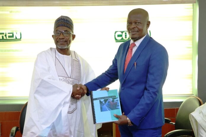 COREN New Registrar The outgoing Registrar of COREN, Engr. Prof. Adisa Bello, FNSE, FAEng (left), hands over to the incoming Registrar, Engr. Prof. Okorie Austine Uchegbusi Uche, FNSE, FNICE, KJW (right) with a handshake during the official transition ceremony held on March 14, 2025, at the COREN headquarters.