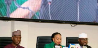 The Hon. Min. of Trade and Investment, FMITI, Dr. Jumoke Oduwole, (middle) the Perm. Sec. FMITI, Amb. Nura Abba Rimi, (left) and ES/ CEO Financial Reporting Council of Nigeria (FRCN) , Dr. Rabiu Olowo (right) , during a Stakeholders Engagement on FRCN Levy Enforcement, held in Abuja.