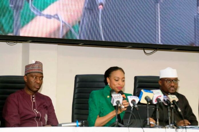 The Hon. Min. of Trade and Investment, FMITI, Dr. Jumoke Oduwole, (middle) the Perm. Sec. FMITI, Amb. Nura Abba Rimi, (left) and ES/ CEO Financial Reporting Council of Nigeria (FRCN) , Dr. Rabiu Olowo (right) , during a Stakeholders Engagement on FRCN Levy Enforcement, held in Abuja.