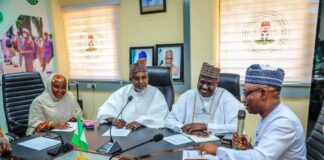 L-R Honorable Minister of State Ministry of Education, Dr. Suwaiba Said Ahmad, Honorable Minister of State, Ministry of Humanitarian Affairs & Poverty Reduction Dr Yusuf Tanko Sununu, Distinguish Sen. Dr. Aliyu Sabi Abdullahi CON Honorable Minister of State, Ministry of Agriculture & Food Security and Dr. Adebowole .A. Adedokun MCIPS, ACFE, Director General Bureau of Public Procurement (BPP) while making his opening remarks at the Inauguration of the National Steering Committee on the implementation of the school feeding programme in Abuja