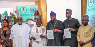 L-R, Honourable Minister of State, Federal Ministry of Regional Development, Uba Amadu Magari, Honourable Minister of State Federal Ministry of Humanitarian Affairs and Poverty Reduction Dr Yusuf Tanko Sununu, Honourable Minister of Humanitarian Affairs and Poverty Reduction Professor Nentawe Goshwe Yilwatda, United Nations, Resident Coordinator in Nigeria Mohamed Malik Fall, and members of the Communique drafting committee showcasing the signed copy of the Communique of the two-day National Humanitarian Roudtable held on Wednesday 26th March,2025 in Abuja