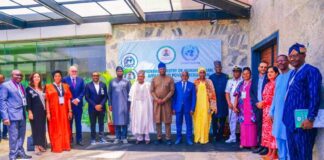 8th left, Honourable Minister of Humanitarian Affairs and Poverty Reduction Professor Nentawe Goshwe Yilwatda, 9th left, Minister of State of the Ministry, Dr Yusuf Tanko Sununu, 7th left, Honourable Minister of Budget and Economic Planning Senator Abubakar Atiku Bagudu, 9th left, UN Resident Coordinator in Nigeria Mohamed Malik Fall , 1st left, Representative of the Permanent Secretary of the Ministry, Valentine Ezulu and other dignitaries during the Humanitarian Roudtable with stakeholders, organized by the Ministry on Tuesday 25th March 2025, in Abuja.