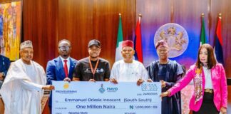 Vice President Kashim Shettima (middle); Minister of Finance and Coordinating Minister of the Economy, Mr Wale Edun (2nd from right); Minister of State for Labour and Employment, Nkeiruka Onyejeocha (far right); one of the beneficiaries of Nigerian Youth Academy (NiYA) start-up grant, Emmanuel Oriesie Innocent (3rd from left); Minister for Youth Development, Mr Ayodele Olawande (2nd from left); and Minister for Budget and Economic Planning, Senator Abubakar Atiku Bagudu (far left) during the official launch of the Nigerian Youth Academy at the Council Chambers of the Presidential Villa in Abuja on Monday, (24/03/2025).