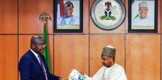 President, Abuja Chamber of Commerce and Industry, Dr. Emeka Obegolu SAN (left) and Minister of Budget and Economic Planning, Senator Abubakar Bagudu, during the visit of the ACCI to the Ministry in Abuja, yesterday