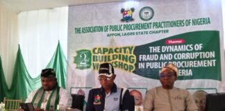 L-R: Director-General of Bureau of Public Procurement (BPP), Dr. Adebowale .A. Adedokun MCIPS, ACFE, Director-General of Public Procurement Agency (PPA), Lagos State, Mr. Fatai Idowu Onofowote and Dr. Emmet James Kanico, National President of Association of Public Procurement Practioners of Nigeria (APPON) during the 2nd Capacity Building Workshop, organized by Lagos State Chapter of APPON
