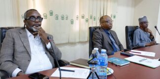 Director-General, Bureau of Public Procurement, BPP, Dr. Adebowale A. Adedokun, MCIPS, ACFE flanked by his left, Director, Civil Infrastructure, BPP, Engr. Nasir M. Bello and the Representative of National Universities Commission, NUC, Mr. Peter Tobrise, during the BPP meeting with Centre Leaders and other stakeholders on SPESSE program in Abuja