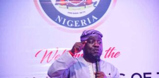 Director-General, National Sports Commission, Hon Bukola Olopade delivering his speech during the unveiling of the Logo, Song and Mascot for the National Sports Festival, Ogun 2024 on Tuesday, 15th March 2025 at the June 12 Cultural centre, Abeokuta, Ogun State