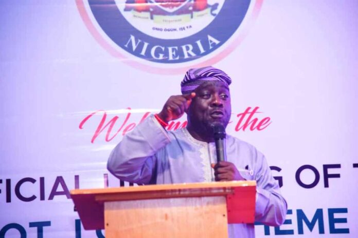Hon. Bukola Olopade Director-General, National Sports Commission, Hon Bukola Olopade delivering his speech during the unveiling of the Logo, Song and Mascot for the National Sports Festival, Ogun 2024 on Tuesday, 15th March 2025 at the June 12 Cultural centre, Abeokuta, Ogun State