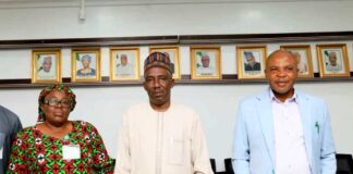 The Perm. Sec. FMITI, represented by Dir. Reform Co-ordination Dept FMITI, Mr Naziru Abbas Mohammed (middle) , the Director Service Innovation Dept. Office of the Head of Service, Mrs Felicia Ugoji (left) and the Deputy Director, Service Innovation Dept. Office of the Head of Service, Mr Henry Nwaedo (right) during the Inauguration of FMITI arm of the Ministerial Committee on Service Innovation.