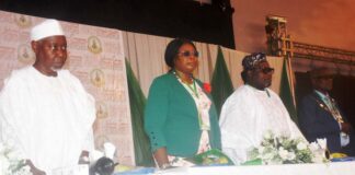 From left: Former Minister of Environment and Past Registrar, Surveyors Council of Nigeria (SURCON), Suleiman Hassan-Zarma; representative of the Minister of Housing and Urban Development, Adejobi Margaret; Surveyor-General of the Federation, Abdulganiyu Adebomehin and President, Nigerian institution of Surveyors, Ibitoye Matthew-Olomolatan, during the Induction of Surveyors in Abuja on Thursday (24/4/25).