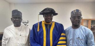 President Adama Barrow of The Gambia(middle) is flanked on his right by the Director General of the Nigerian Technical Aid Corps, Rt.Hon.(Dr.) Yusuf Buba Yakub and on his left by the Agency 's Director of Programmes, Amb. Zakari Usman, who accompanied the NTAC DG to the 17th Convocation Ceremony of the University of The Gambia held in Banjul on Saturday, April 26, 2025