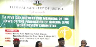 Honourable Attorney General of the Federation and Minister of Justice, Lateef Fagbemi, SAN, Committee Chairman on Review , Revision and Consolidation of Laws of the Federation of Nigeria (LFN), Mr. Olawale Fapohunda, LFN. Reviewer, Balkisu Saidu and Deputy Chairman House Committee on Justice, Hon. Bar Sunday Cyriacus Uneha at the Retreat for Members , in Abuja 14/4/2025