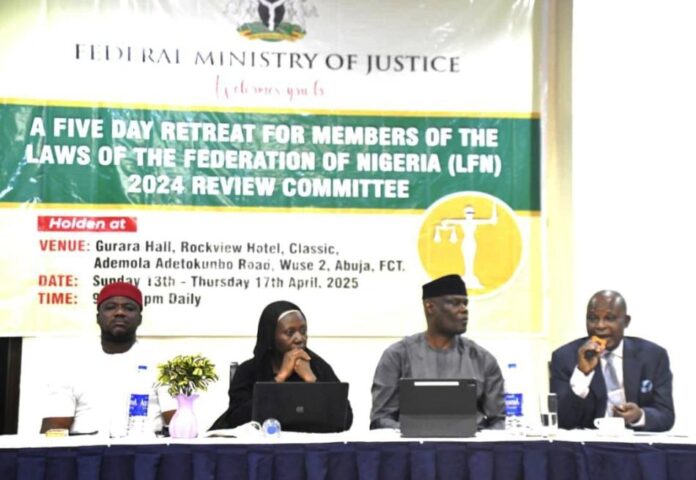 Honourable Attorney General of the Federation and Minister of Justice, Lateef Fagbemi, SAN, Committee Chairman on Review , Revision and Consolidation of Laws of the Federation of Nigeria (LFN), Mr. Olawale Fapohunda, LFN. Reviewer, Balkisu Saidu and Deputy Chairman House Committee on Justice, Hon. Bar Sunday Cyriacus Uneha at the Retreat for Members , in Abuja 14/4/2025