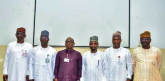 L-R: Director, Civil Infrastructure, BPP, Engr. Nasir M. Bello, Reps of HOCSF and Permanent Secretary, Common Service Office, Dr. Kalba Danjuma Usman, Director-General, Bureau of Public Procurement, BPP, Dr. Adebowale A. Adedokun, MCIPS, ACFE, Chairman, Code of Conduct Bureau, Dr. Abdullahi Usman Bello, Director, Compliance, Certification and Monitoring,BPP, Engr. Isaiah G. Yesufu and former Director, Regulations and Database/ICT, Mr. Aliyu E. Aliyu during the BPP Enlightenment Workshop for Directorate of Procurement in Ministries, Departments, Agencies at the State House Auditorium, Abuja