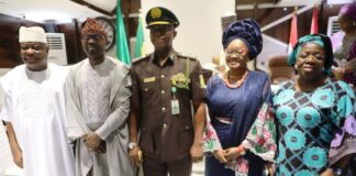 L-R: Senator Osita Izunaso; Dr. Olubunmi Tunji-Ojo, Minister of Interior; CG Sylvester Nwakuche of NCoS; Mrs Nwakuche and Dr. Magdalene Ajani, Perm Sec, Ministry of Interior at the decoration ceremony of the new CG, NCoS