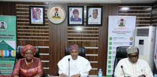 From L-R is the Director General of Nigeria Mining Cadastre Office, Engr. Obadiah Simon Nkom with the Incoming Permanent Secretary Ministry of Solid Mineral Development (MSMD), Engr. Faruk Yusuf Yabo and the Outgoing Permanent Secretary MSMD Dr. Mary A. Ogbe during the sucessful Handover transition held on Friday 2nd May, 2025 at Ministry's Conference Room, Abuja