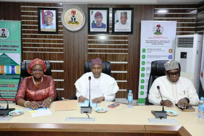 From L-R is the Director General of Nigeria Mining Cadastre Office, Engr. Obadiah Simon Nkom with the Incoming Permanent Secretary Ministry of Solid Mineral Development (MSMD), Engr. Faruk Yusuf Yabo and the Outgoing Permanent Secretary MSMD Dr. Mary A. Ogbe during the sucessful Handover transition held on Friday 2nd May, 2025 at Ministry's Conference Room, Abuja