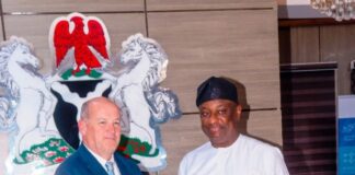 Hon Minister of Aviation and Aerospace Development, Festus Keyamo, SAN, CON, FICArb Uk (R) with the Ambassador of Ireland to Nigeria, Peter Ryan during the Ambassador's Coursy visit to Aviation Ministry