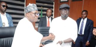 Hon. Minister of Regional Development, Engr. Abubakar Momoh (left) with his counterpart, Hon. Minister of Youth Department, Comride Ayodele Olawande during the handing over of Skills Acquisition Centre Agadagba - Obon Ese- Odo LGA, ondo State, the event held in Abuja.