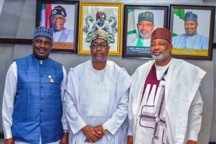 Sen. Kyari Commends Gambia L- R, the Minister of State for Agriculture and Food Security, Sen Dr Aliyu Sabi Abdullahi, Gambia's Minister of Agriculture, Livestock and Food Security, Dr Dembal Sabally and Minister of Agriculture and Food Security, Sen Abubakar Kyari, during the courtesy visit.