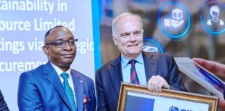 L-R: Director-General, Bureau of Public Procurement (BPP) Dr. Adebowale A. Adedokun, FCIPS, ACFE receiving his plaque as a Fellow Chartered Procurement and Supply Professional presented to him by the Chief Executive Officer of the Chartered Institute of Procurement and Supply, CIPS, UK, Mr. Ben Farrel