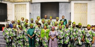 The Head of the Civil Service of the Federation, Mrs Didi Esther Walson-Jack, OON, mni, in a group photograph with her husband, Hon. Nimi Walson-Jack, Senior Pastor, Family Worship Centre, Mrs Sarah Omakwu and Federal Permanent Secretaries, during the thanksgiving service in Abuja.