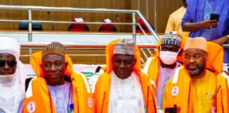 L-R: In life jackets, Assistant Director, Information & PR (rep. Honourable Minister, Federal Ministry of Marine and Blue Economy) Muhammad Zakari MFR, Deputy Governor, Zamfara State, Mani Mammuni, Secretary to the State Government, Zamfara State, Abubakar Nakwada at the official Handing over of life jackets, in Gusau, Thursday,10th July, 2025.