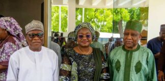 L-R: The Hon. Minister of Regional Development, Engr. Abubakar Momoh (left) the Permanent Secretary, Ministry of Regional Development, Dr. Mary Ada Ogbe (middle) and the MD NEDC, Dr. Muhammed G. Alkali during an interaction with the Management and Staff of NEDC in Maiduguri, Borno State.