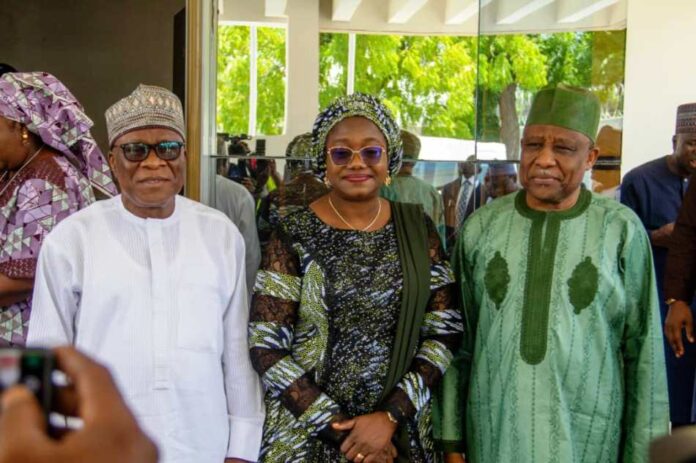 L-R: The Hon. Minister of Regional Development, Engr. Abubakar Momoh (left) the Permanent Secretary, Ministry of Regional Development, Dr. Mary Ada Ogbe (middle) and the MD NEDC, Dr. Muhammed G. Alkali during an interaction with the Management and Staff of NEDC in Maiduguri, Borno State.