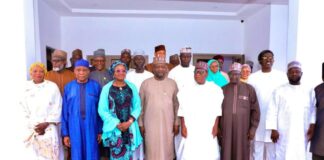 R-L the Honourable Minister, Regional Development Engr. Abubakar Momoh (3rd right) Borno State Governor, Rep. by the Deputy Governor, Dr. Umar Usman Kadafur (middle) to his (left) the Permanent Secretary, Regional Development, Dr. Mary Ada Ogbe and MD NEDC, Dr. Muhammed G. Alkali and other Top Management of the North East Development Commission in a group photograph during a courtesy visit to Borno State Governor, Maidugari, Borno State.