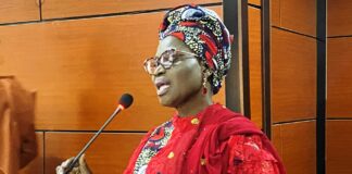 The Director of Information and Public Relations, Omolara Esan, delivers a speech on behalf of the Honourable Minister of Youth Development, Comrade Ayodele Olawande, during the unveiling ceremony of the maiden edition of a magazine published by Nigerian First Vanguards Limited.