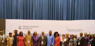 @ The First African Neurological Health Summit held at the Shehu Musa Yar'Adua Centre, Abuja. A collaborative effort between the Federal Ministry of Health & Social Welfare and, Brain & Spine Foundation Africa. Wearing Blue apparel: Dr. Tunde Ojo, representing the Coordinating Minister for Health & Social Welfare at the event.